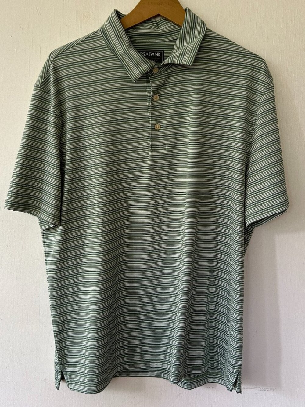 Jos A Bank Traveler Tailored Fit Polo Shirt Green Striped Mens Large Collared
